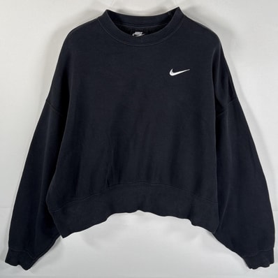 古着 ナイキ NIKE スウェット ワンポイントロゴ刺繍 スウッシュ クルーネック ショート丈 トレーナー XS ブラック レディース