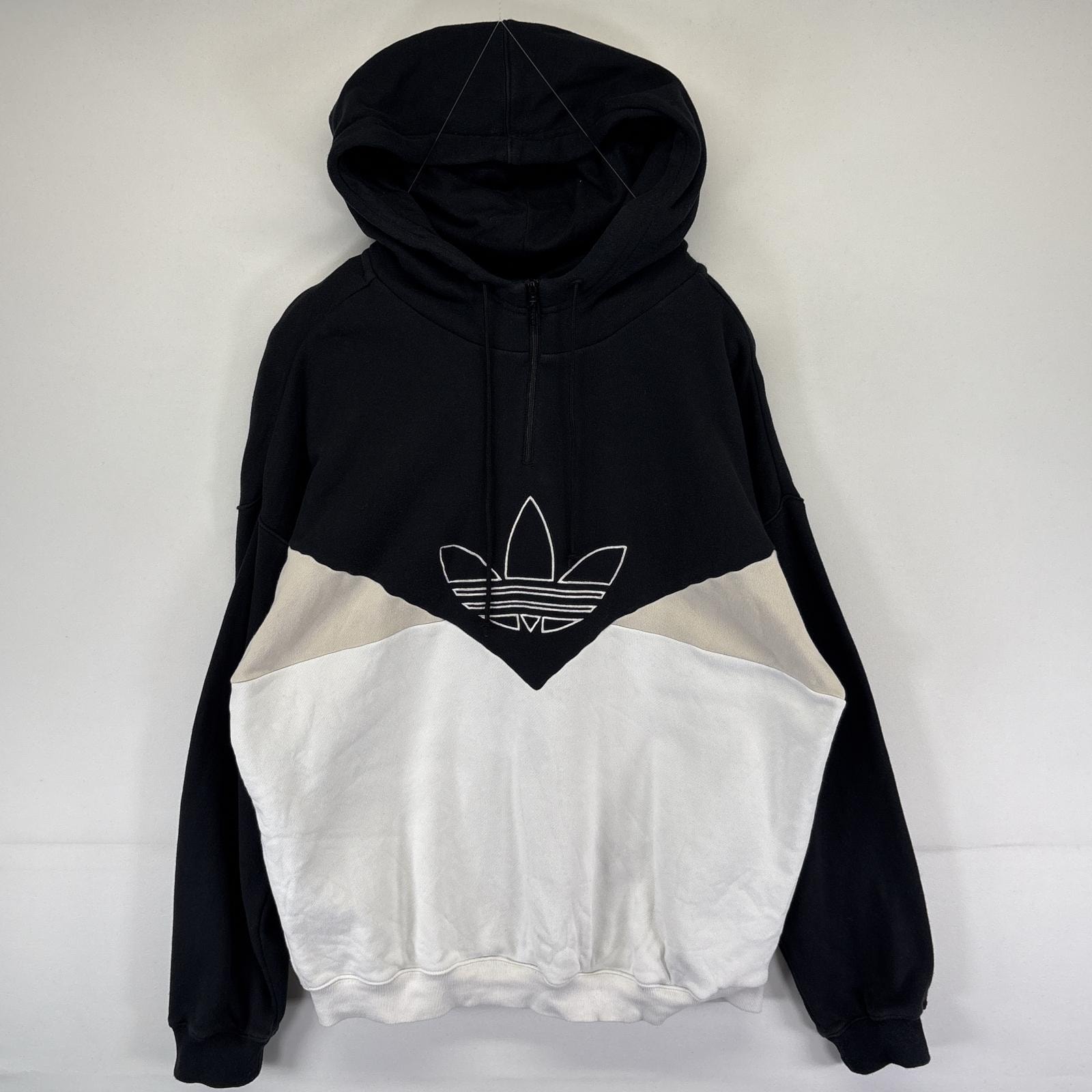 古着 アディダス adidas パーカー ハーフジップ スウェット トレフォイルロゴ刺繍 フーディ 2XOT  ブラック メンズ