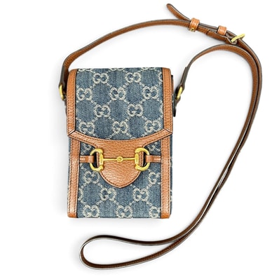 GUCCI 極美品 グッチ ホースビット1955 ミニバッグ ショルダーバッグ 625615 GGデニム レザー ブルー ブラウン フォンポーチ ポシェット Y2K Aランク 中古 鑑定済 グッチバッグ