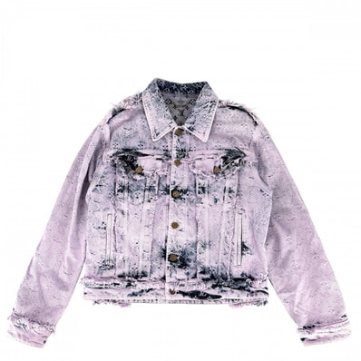 LOUIS VUITTON ルイヴィトン デニムジャケット ボーイフッド フリンジ アウター ダメージ加工 モノグラム 服 48 ピンク ブルー 青 アンティークゴールド金具 コットン メンズ 春 秋 美品【中古品】