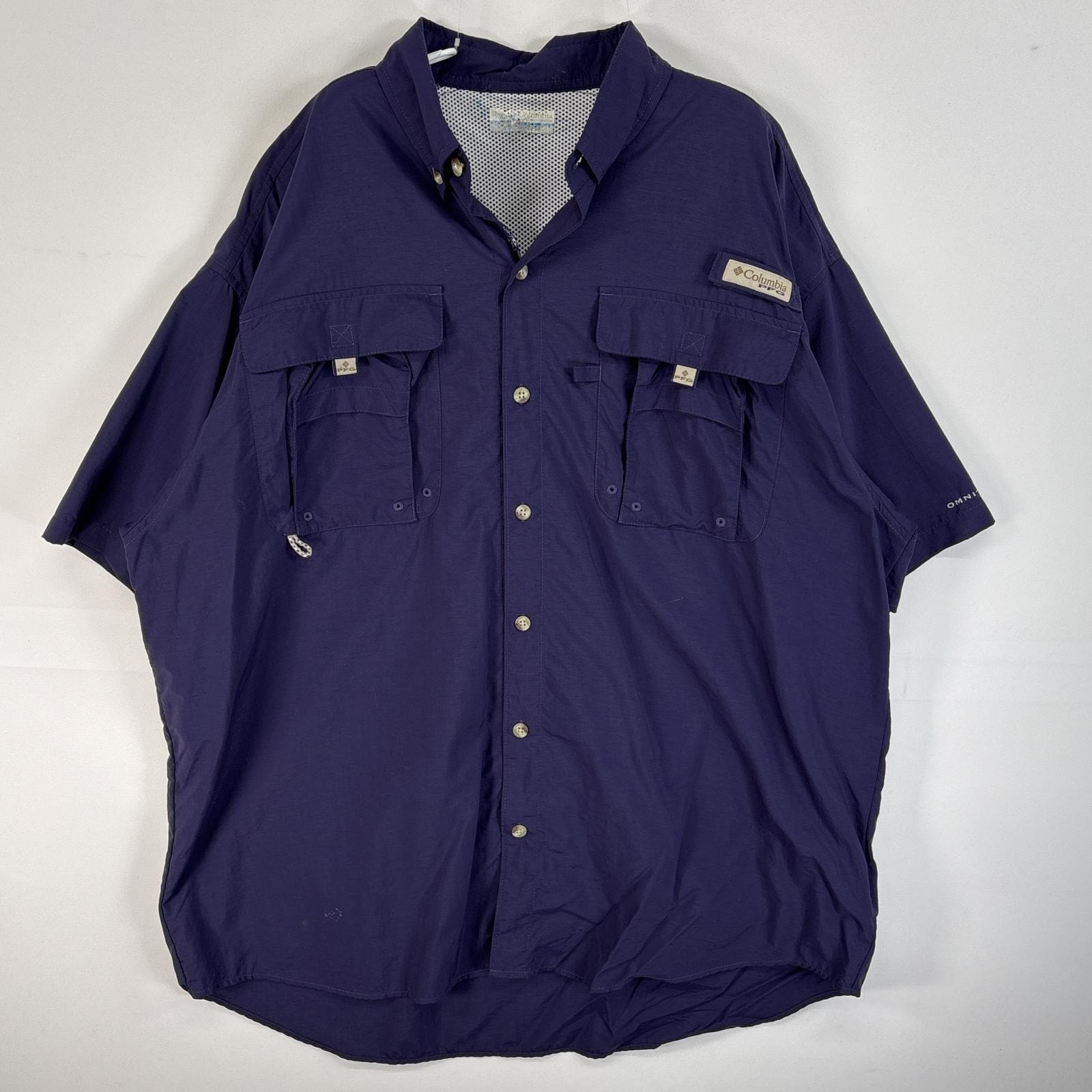 古着 コロンビア Columbia 半袖シャツ PFG フィッシングギア ワンポイント ロゴ  ネイビー 無地 メンズ