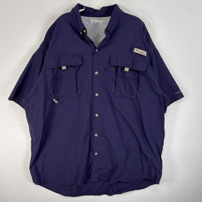 古着 コロンビア Columbia 半袖シャツ PFG フィッシングギア ワンポイント ロゴ ネイビー 無地 メンズ