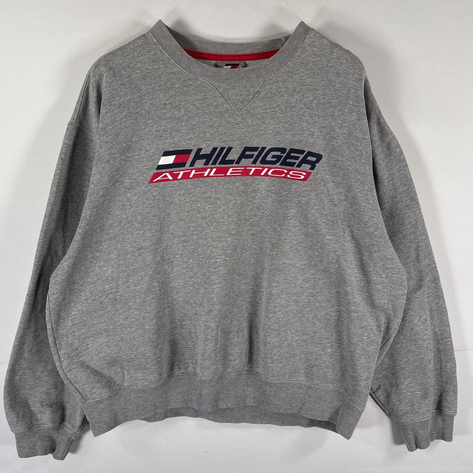 古着 トミーヒルフィガー TOMMY HILFIGER スウェット トレーナー クルーネック ビッグロゴプリント 前V 厚手 XL グレー メンズ