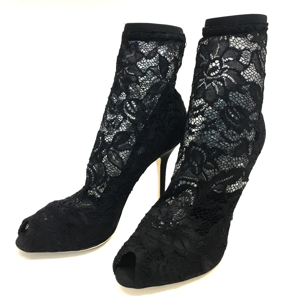 ドルチェアンドガッバーナ DOLCE&GABBANA オープントゥパンプス レース 刺繍 CT0077 A5875 8B956 靴 ソックスブーツ クス シューズ パンプス レザー ブラック ブラック 未使用