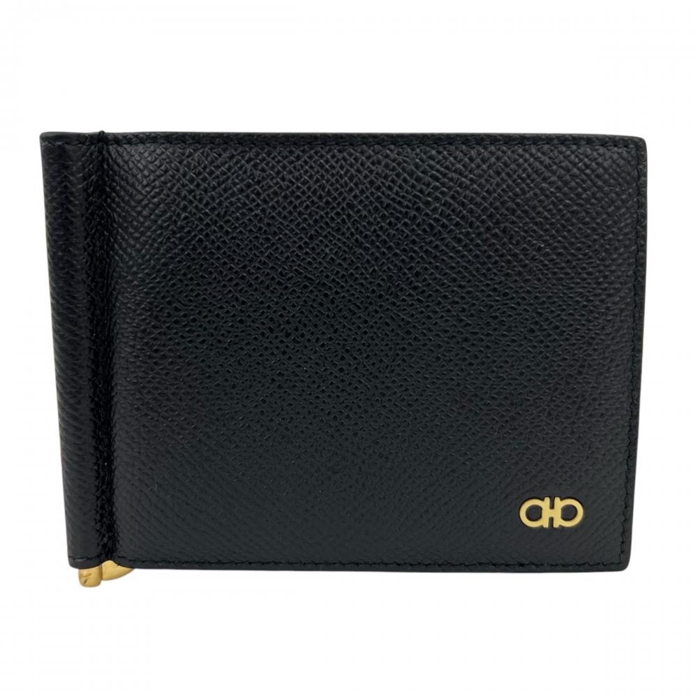 Salvatore Ferragamo サルヴァトーレフェラガモ カードケース ガンチーニ マネークリップ 661475 カーフ ブラック 黒 ゴールド金具 メンズ 約240g 美品【中古品】