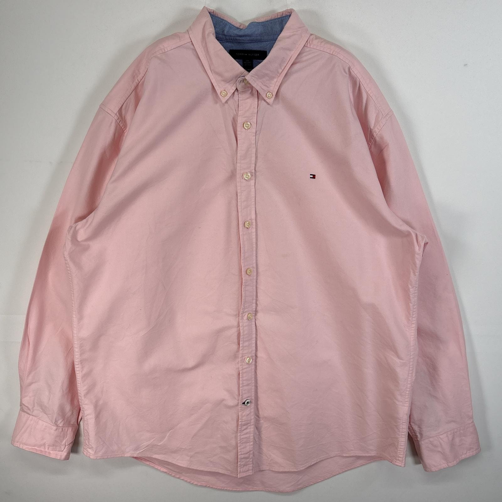 古着 トミーヒルフィガー TOMMY HILFIGER 長袖シャツ ロゴ 刺繍 大きいサイズ ボタンダウン オックスフォード 14041  ピンク 無地 メンズ