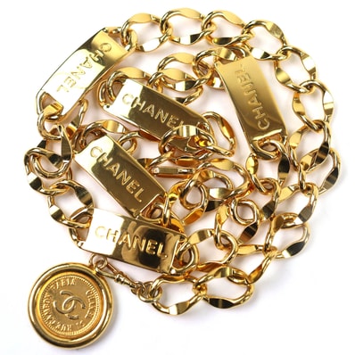美品 シャネル ココマークコインモチーフ ロゴプレート チェーンベルト ゴールド