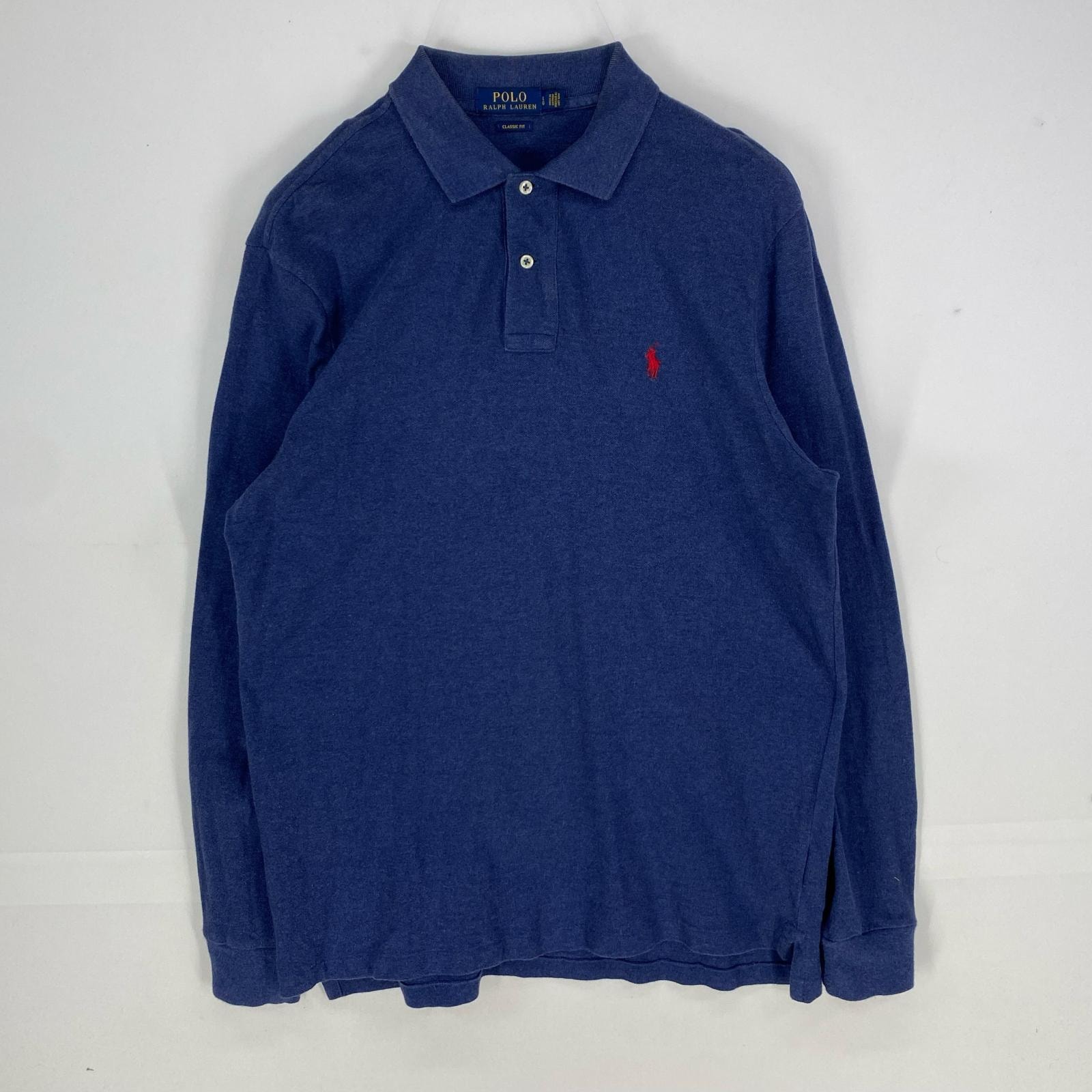 古着 ポロ・ラルフローレン POLO RALPH LAUREN 鹿の子 長袖シャツ ワンポイント ロゴ刺繍 ポロシャツ L ブルー系 メンズ