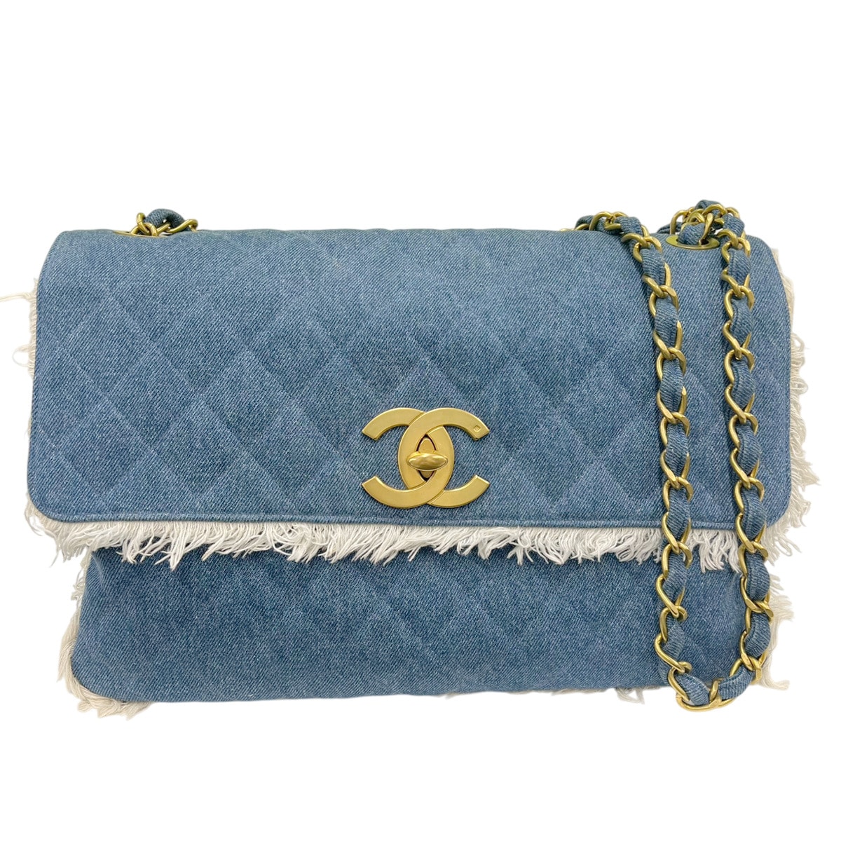 CHANEL 希少 極美品 シャネル デカマトラッセ 34 デニム チェーンショルダーバッグ フリンジ シングルフラップ コットン ゴールド金具 ブルー ショルダーバッグ デカマト Y2K ヴィンテージ ココマーク Aランク 鑑定済 中古 シャネルバッグ