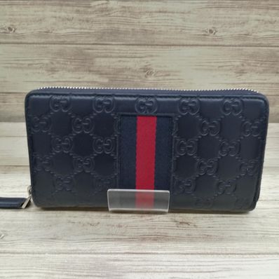 GUCCI New Web Leather Zip Around Wallet "Blue"