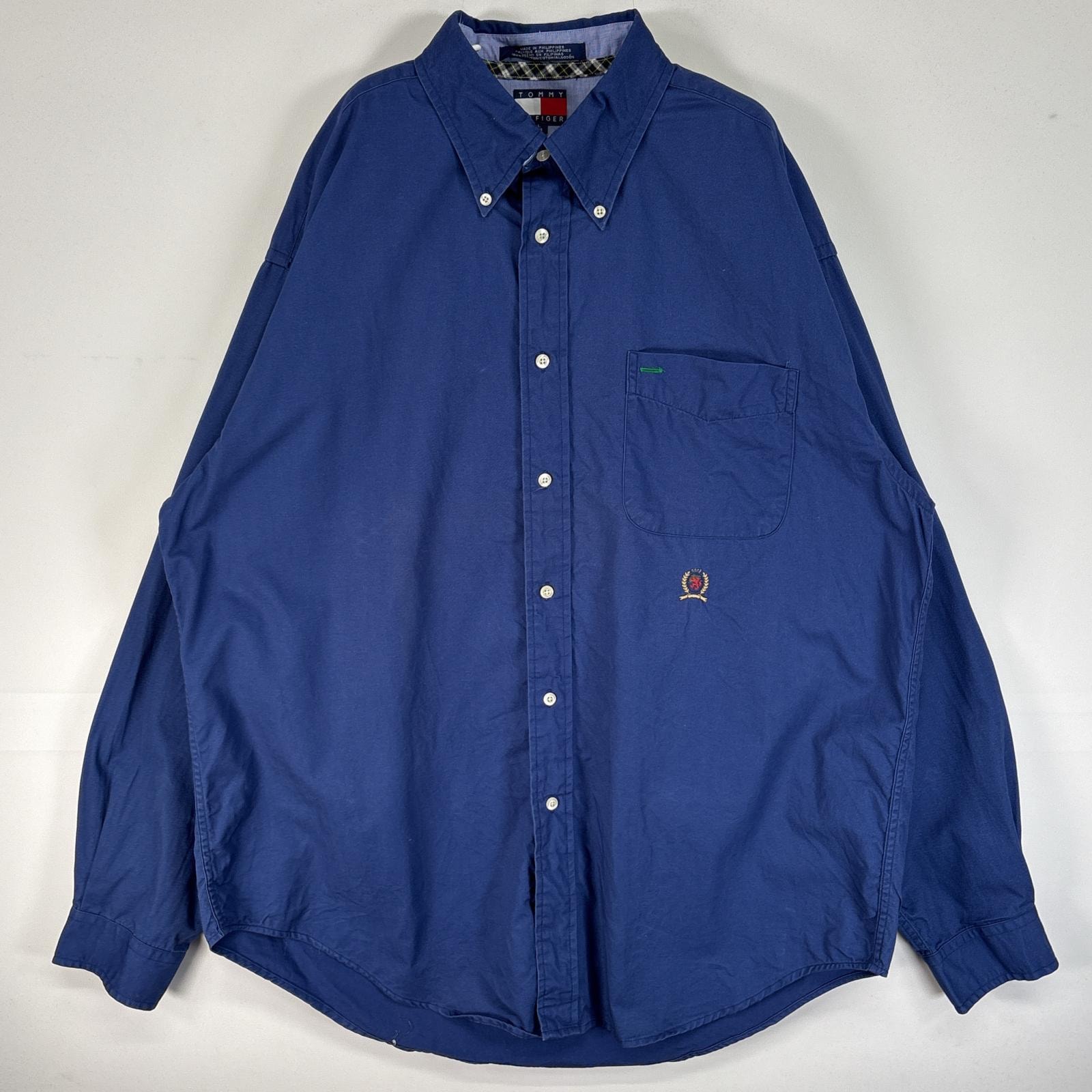 古着 90's/90年代 トミーヒルフィガー TOMMY HILFIGER 長袖シャツ ロゴ 刺繍 肉厚 ボタンダウン L ブルー 無地 メンズ