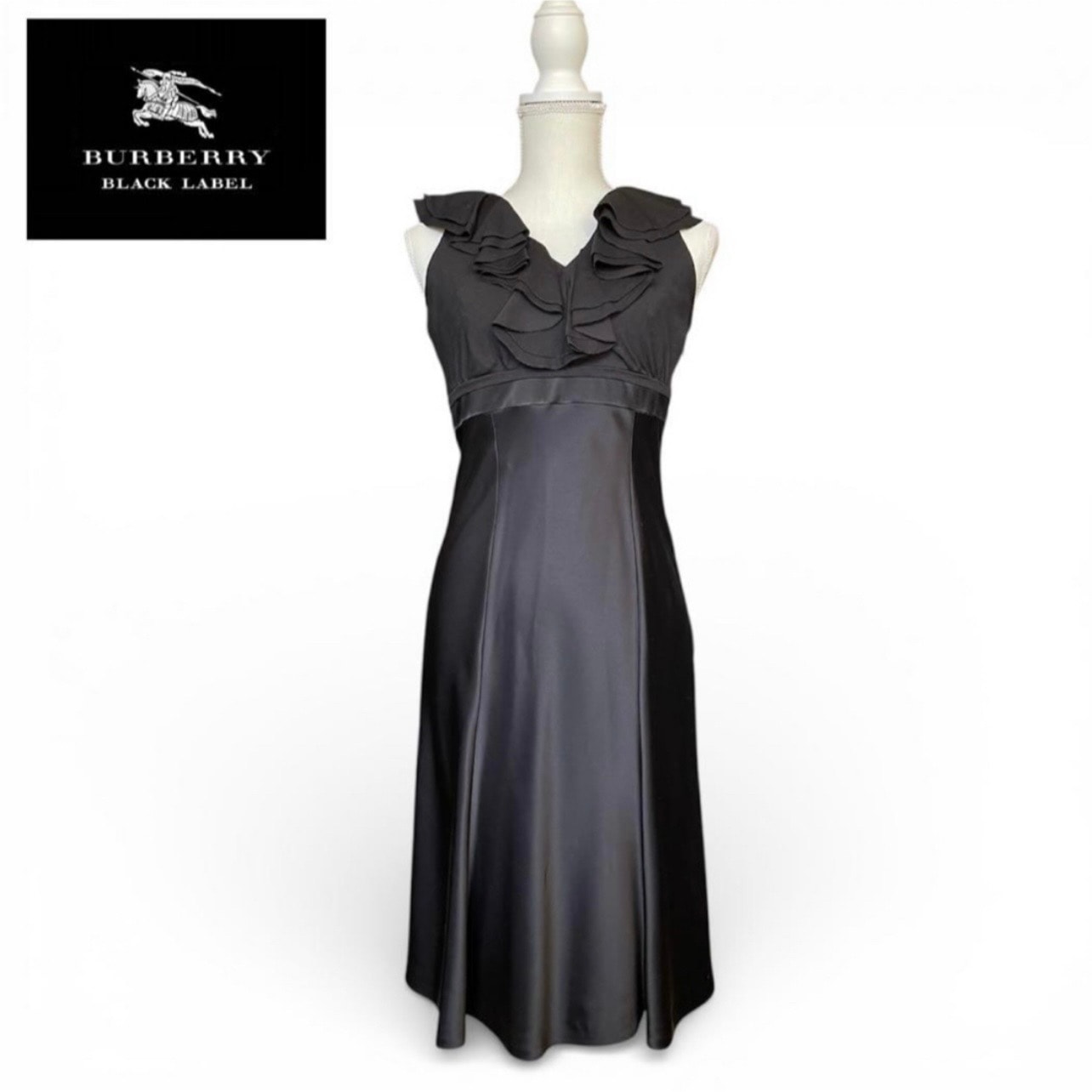 バーバリーブラックレーベル 黒 パーティドレス ノースリーブワンピース サテン