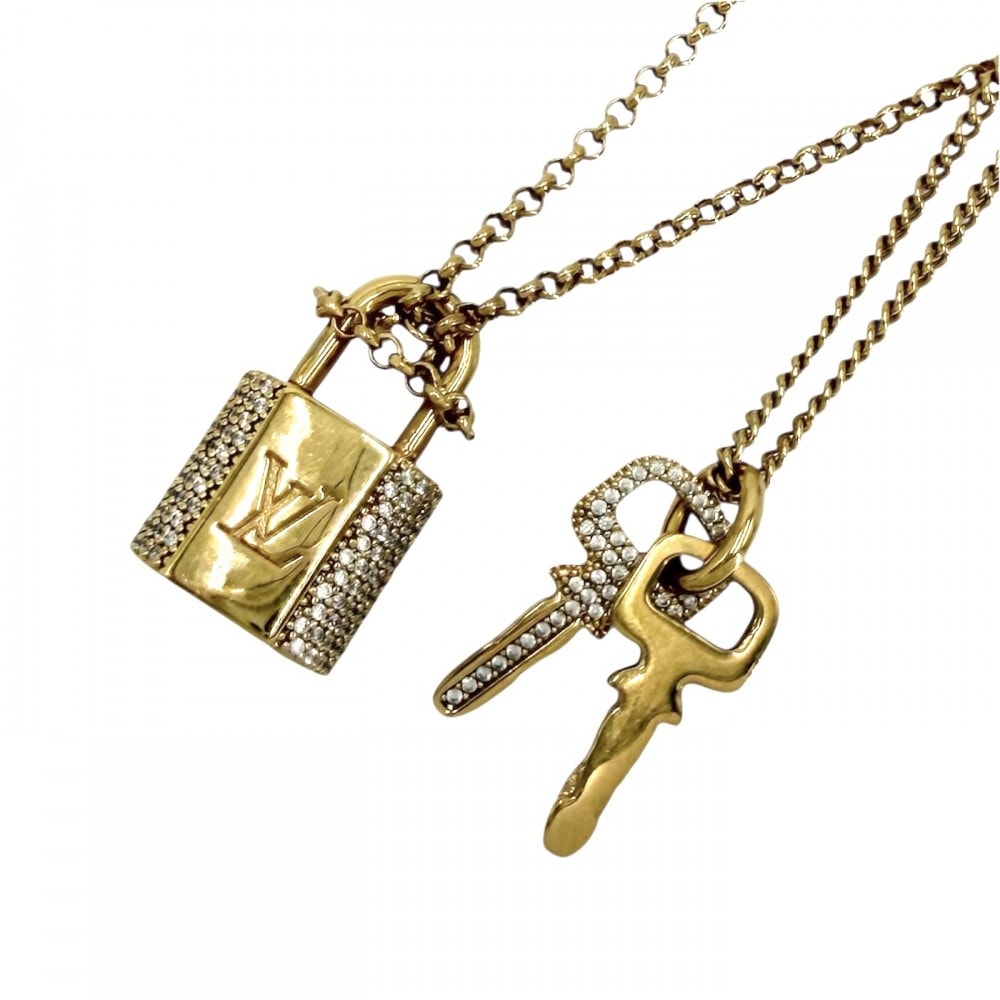 LOUIS VUITTON ルイヴィトン ネックレス 鍵モチーフ LV パドロック アクセサリー 2連チェーン アジャスター付き ラインストーン    M01593 ゴールド レディース 約18.5g【中古品】