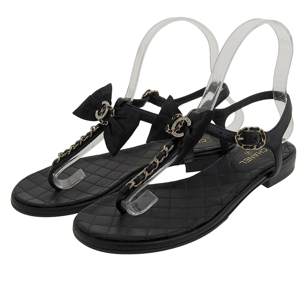 シャネル 美品 マトラッセソール ココマーク ラインストーン リボンチェーン フラットサンダル レディース 黒 36C G36352Y54201 36C