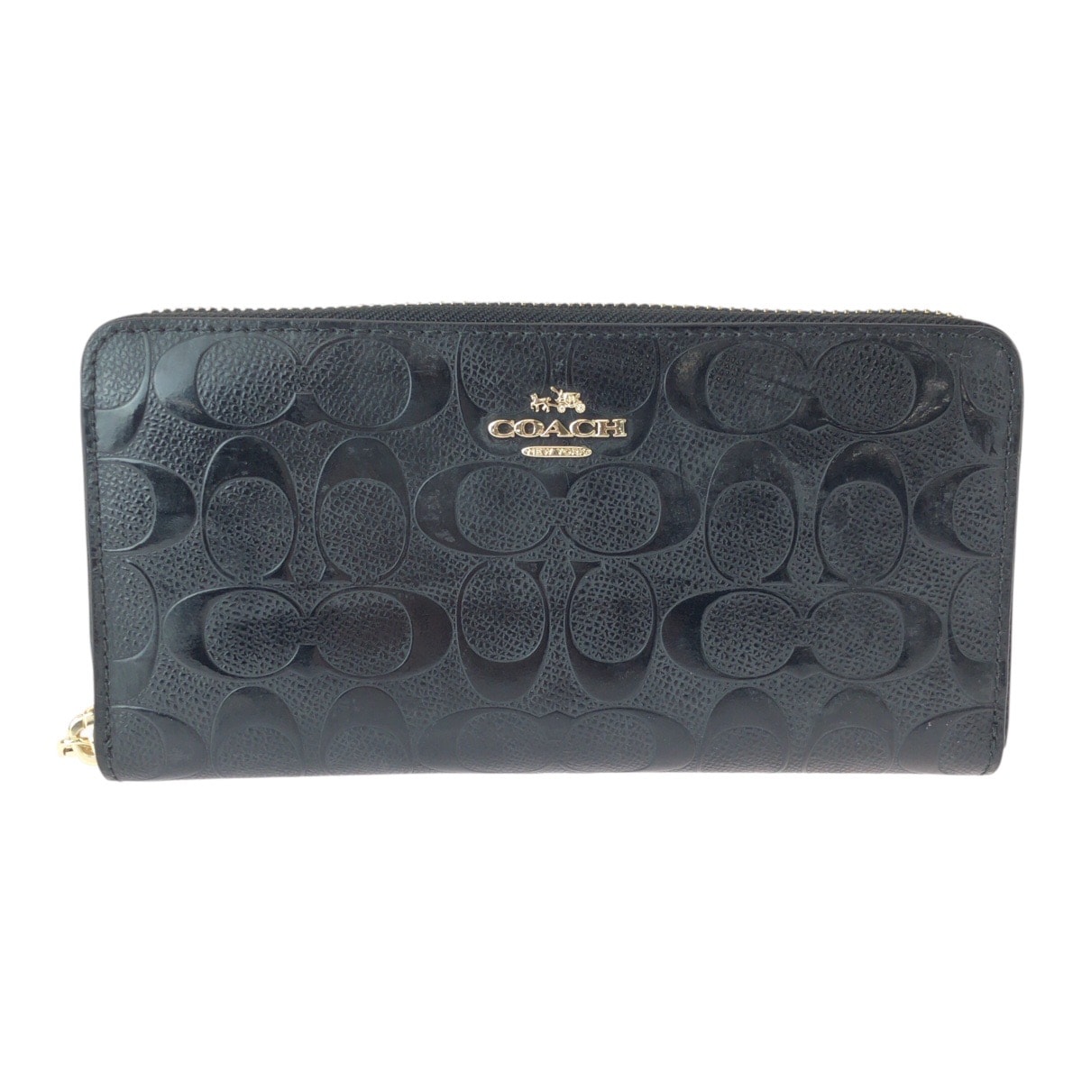 COACH コーチ シグネチャー ブラック 黒 ゴールド金具 パテントレザー 長財布 ロングウォレット 600283 【中古】
