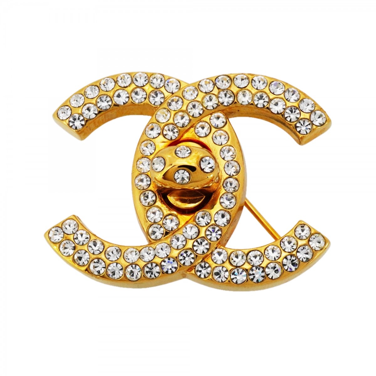 【6jdb0299-k】シャネル ブローチ ヴィンテージ ココマーク ターンロック GPメッキ ラインストーン ゴールド【中古】レディース