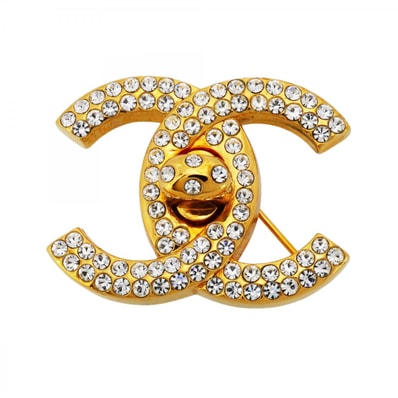 【6jdb0299-k】シャネル ブローチ ヴィンテージ ココマーク ターンロック GPメッキ ラインストーン ゴールド【中古】レディース