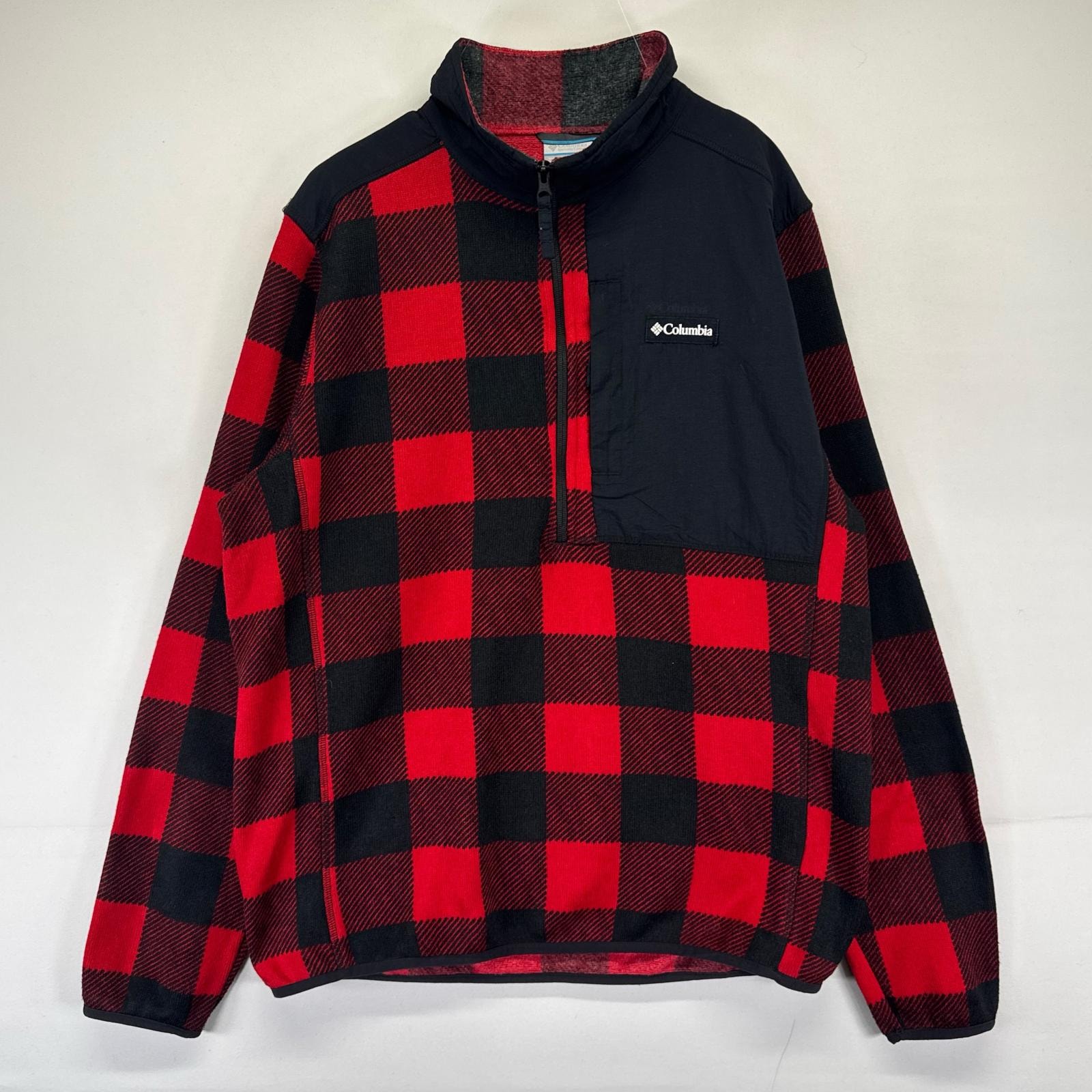 古着 コロンビア Columbia フリース ジャケット ワンポイントロゴ アウトドア レッド ハーフジップ L  ブラック系 チェック メンズ