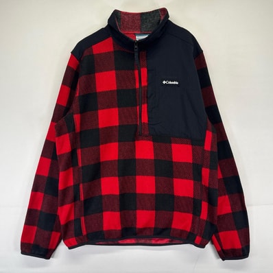 古着 コロンビア Columbia フリース ジャケット ワンポイントロゴ アウトドア レッド ハーフジップ L ブラック系 チェック メンズ