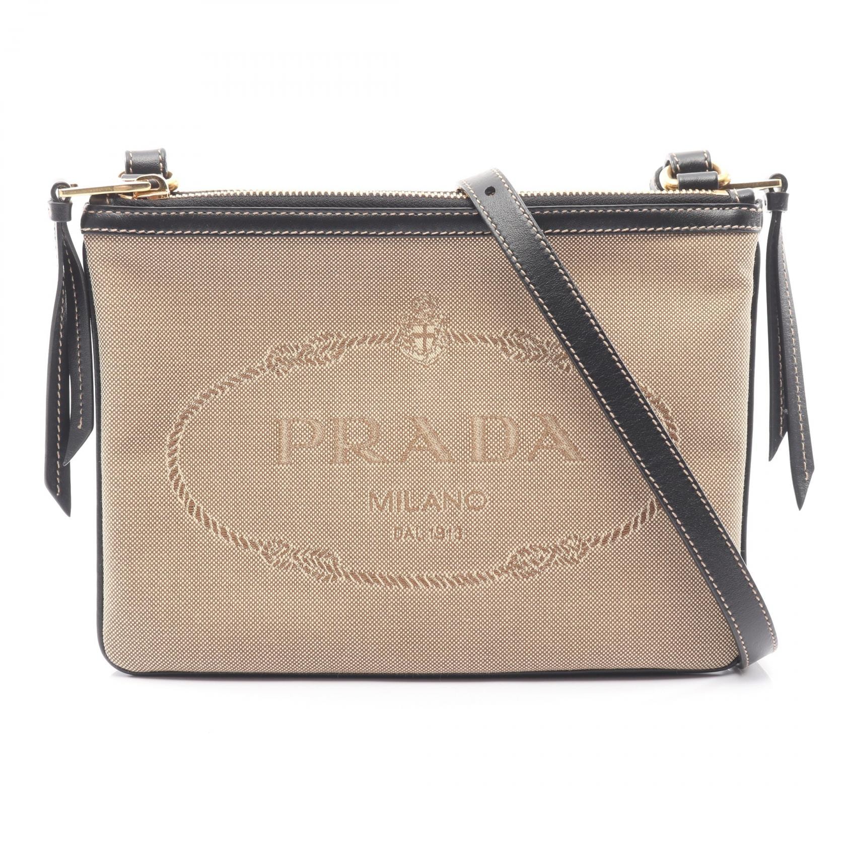 プラダ PRADA LOGO JACQUARD ショルダーバッグ バッグ キャンバス レザー レディース ベージュ系 / ブラック系 【中古】