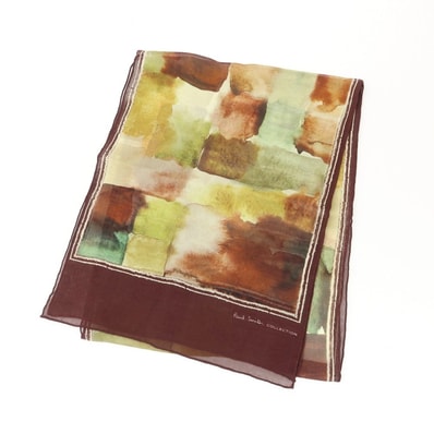【中古】ポールスミスコレクション PAUL SMITH COLLECTION シルク 水彩風ブロック柄 プリント ストール バーガンディ系【メンズ】