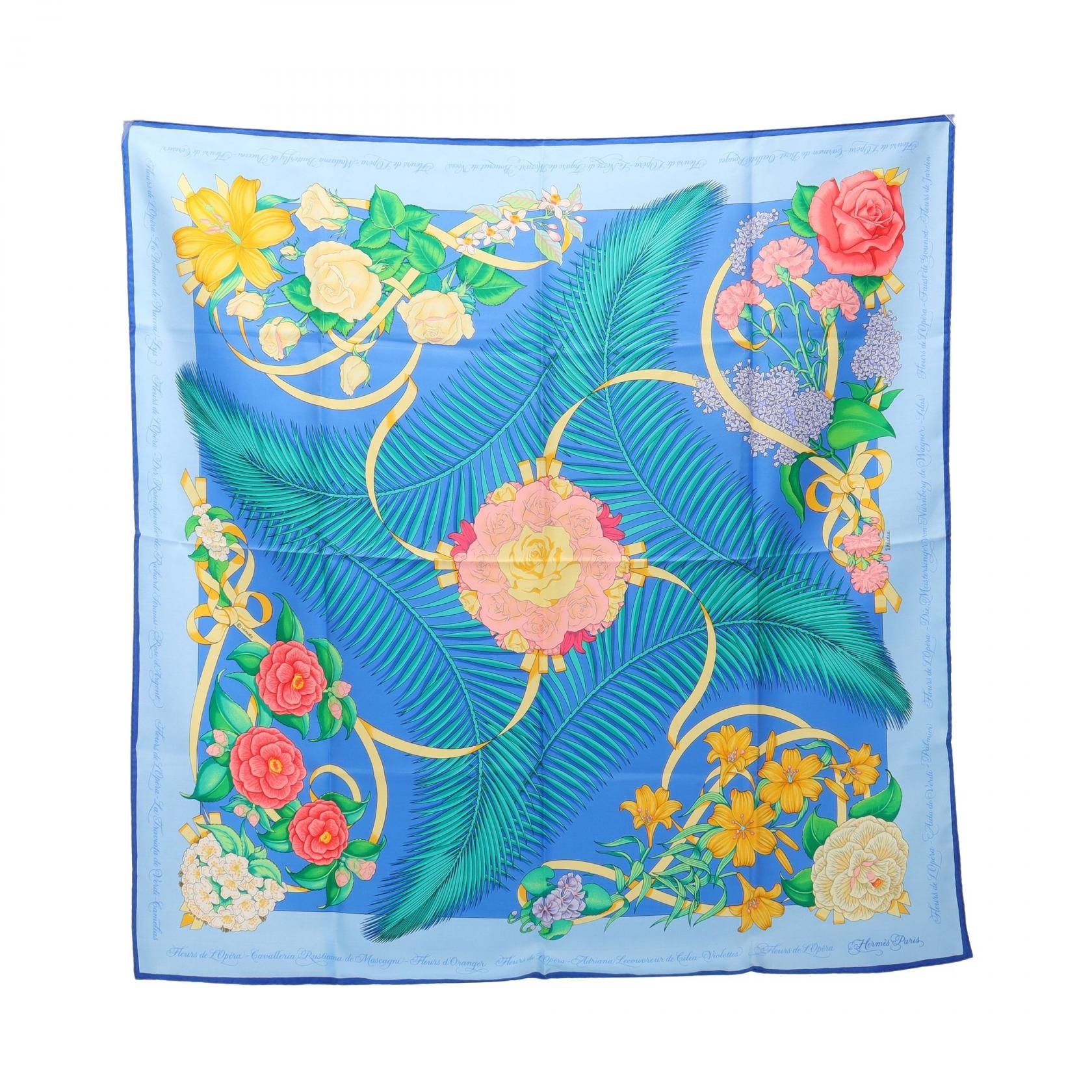 エルメス HERMES カレ90 Fleurs de L'Opera スカーフ 衣料品 シルク シルク レディース ブルー系 / マルチカラー 【中古】
