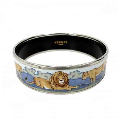 HERMES エルメス バングル エマイユGM アクセサリー ブレスレット ライオン 七宝焼き ブルー系 ブラック 黒 シルバー金具 レディース 約33.5g【中古品】