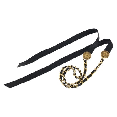 CHANEL シャネル ヴィンテージ リボン&チェーンベルト ココマーク ブラック 黒 ゴールド金具 レザー メッキ/ ベルト 1-0284413 【中古】