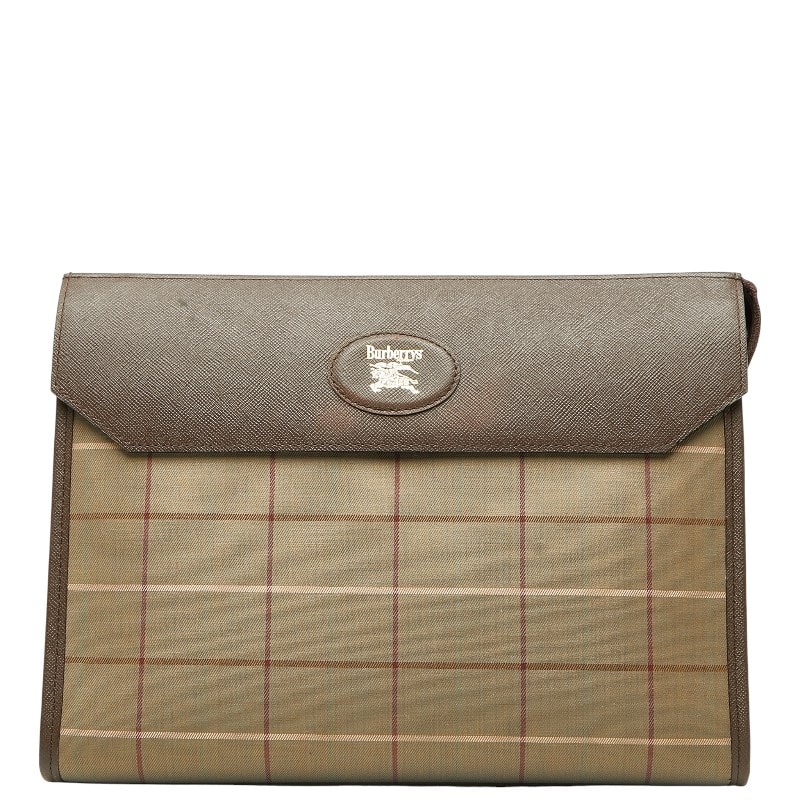 バーバリー チェック クラッチバッグ セカンドバッグ カーキ ブラウン キャンバス レザー レディース BURBERRY 【中古】