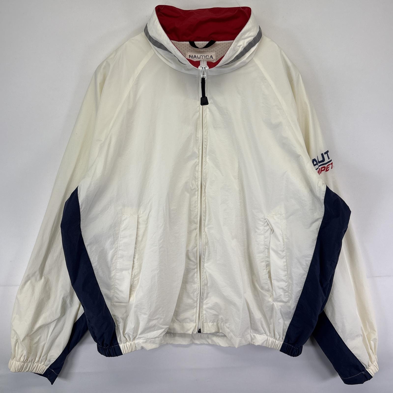 古着 ノーティカ NAUTICA ナイロンジャケット 袖ロゴプリント 大きいサイズ フルジップ リフレクター 裏地メッシュ 14041  ホワイト メンズ
