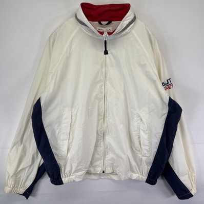 古着 ノーティカ NAUTICA ナイロンジャケット 袖ロゴプリント 大きいサイズ フルジップ リフレクター 裏地メッシュ 14041 ホワイト メンズ