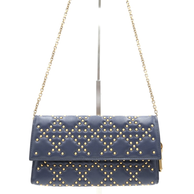 Christian Dior(クリスチャン ディオール)カナージュ スタッズ チェーンウォレット ショルダーバッグ ネイビー ラムスキン ゴールド金具 38-MA-0167 レディース【中古】