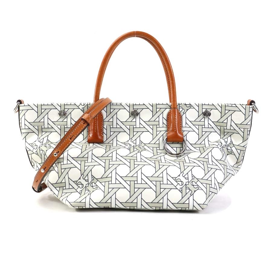 トリーバーチ Tory Burch ハンドバッグ ショルダーバッグ ナイロンキャンバス/レザー ホワイト系×ブラウン レディース【中古】 56092a