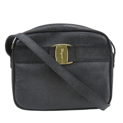 【中古】 サルヴァトーレフェラガモ ショルダーバッグ ヴァラ D213096 レザー ブラック ゴールド金具 斜め掛け リザード型押し コンパクト 普段使い レディース 女性 Salvatore Ferragamo