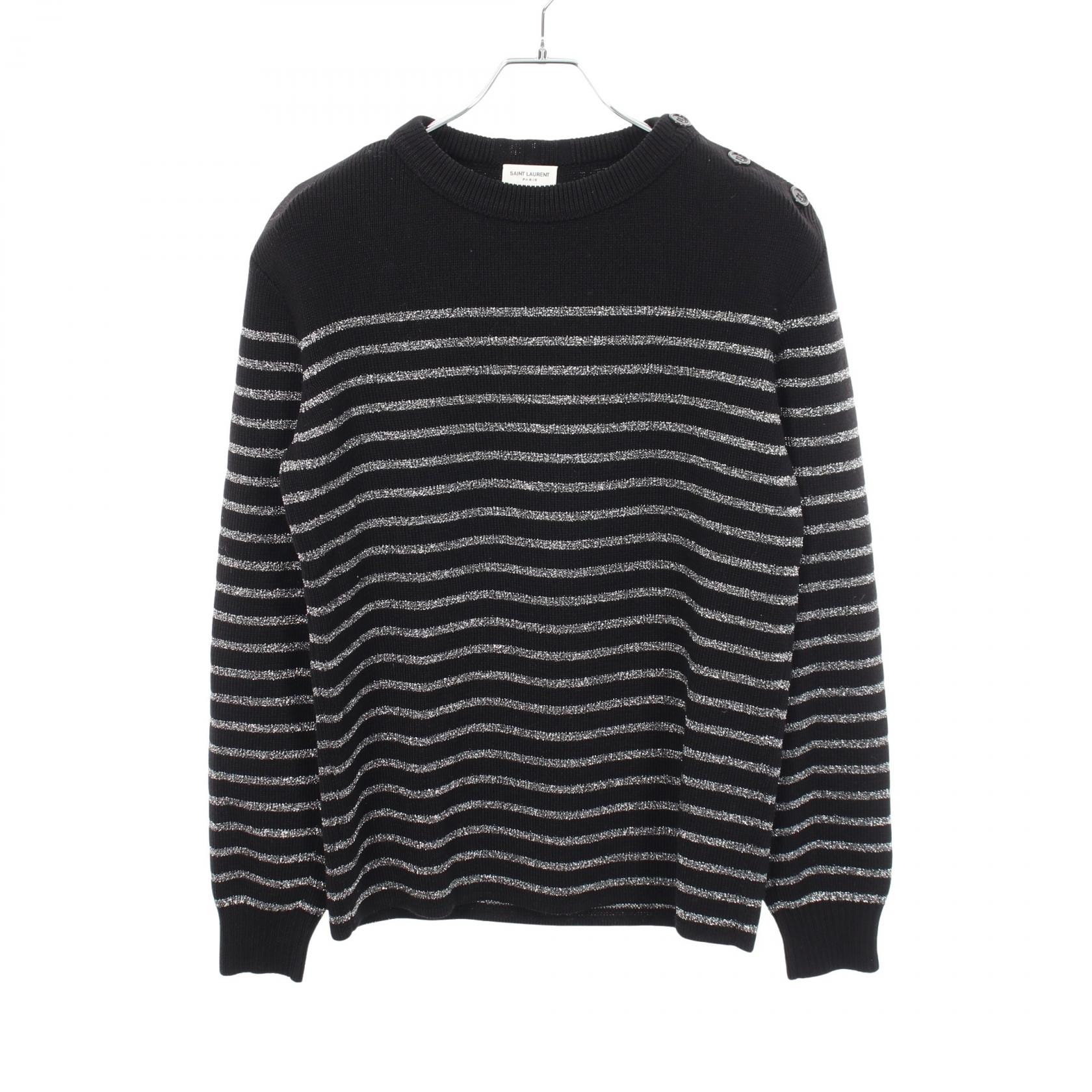 サンローランパリ SAINT LAURENT PARIS ショルダーボタン ラメ ボーダー ニット 衣料品 トップス コットン ウール メンズ ブラック系 / シルバー系 588078 【中古】