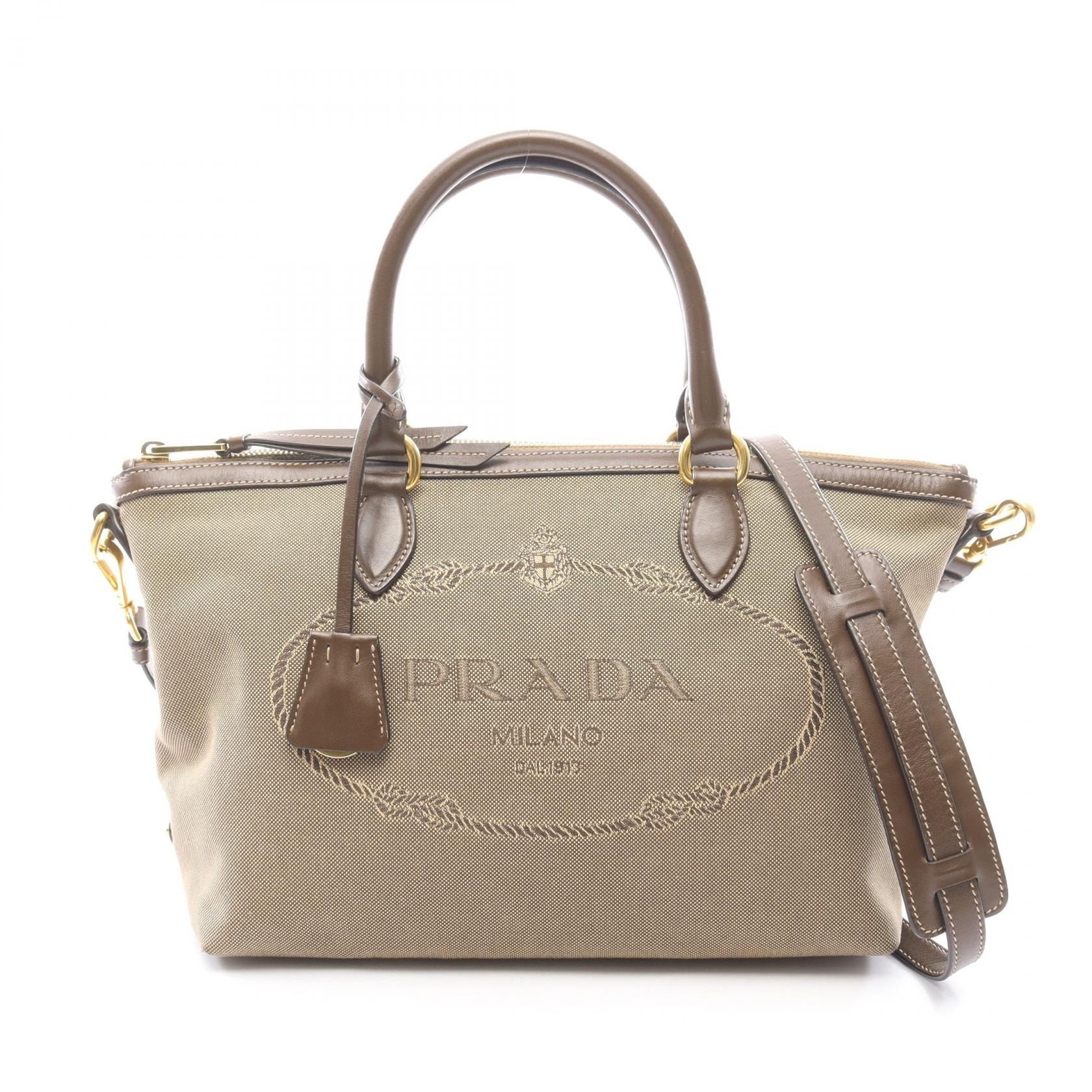 プラダ PRADA ロゴジャガード 2WAY ハンドバッグ バッグ キャンバス/レザー レディース ベージュ/ブラウン 【中古】