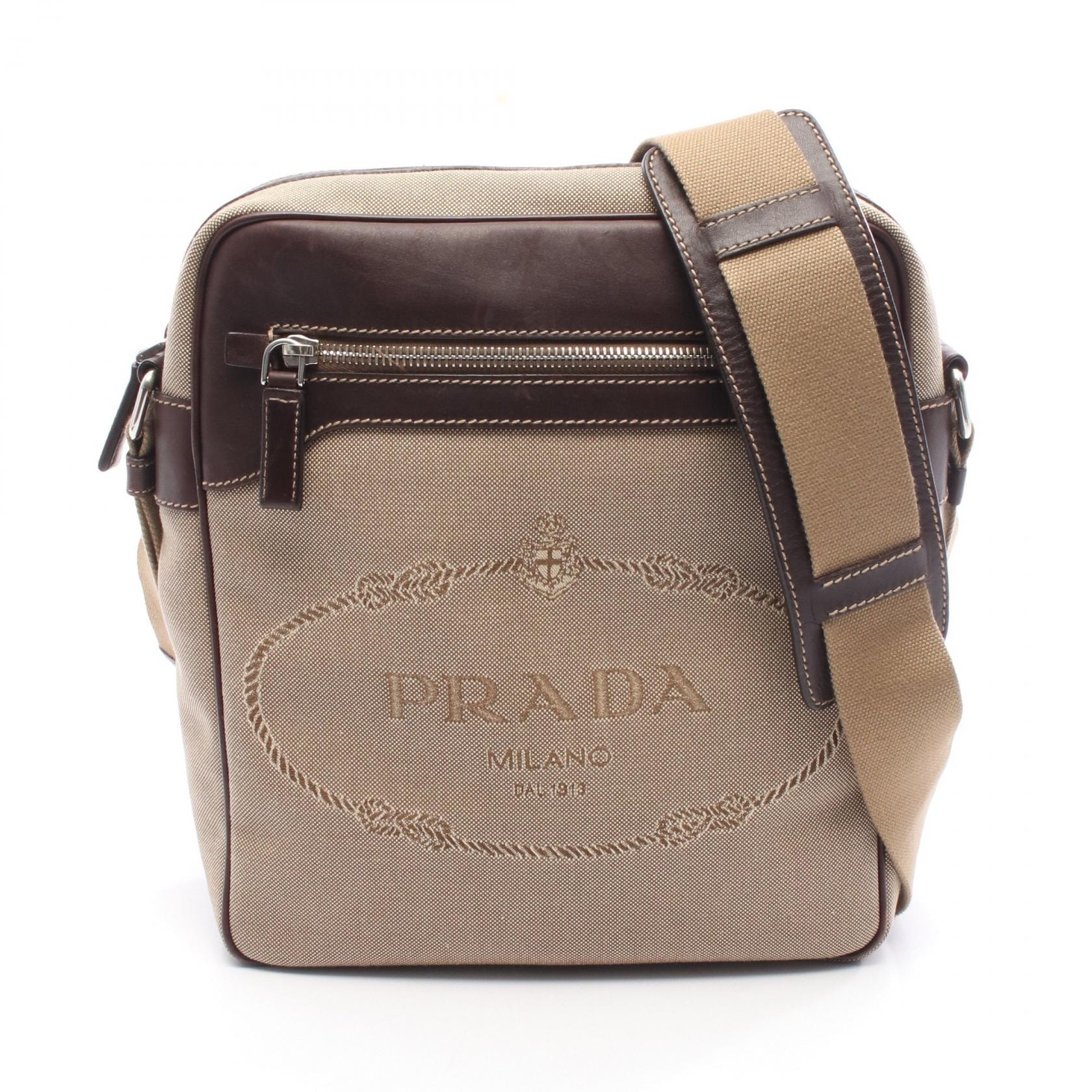 プラダ PRADA ロゴジャガード ショルダーバッグ バッグ キャンバス レザー レディース ベージュ系 / ブラウン系 46022 【中古】