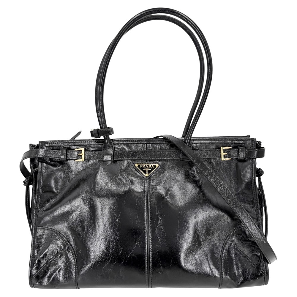 PRADA プラダ 2WAY ボニー ラージ ハンドバッグ ショルダーバッグ 肩掛け 斜め掛け トライアングルロゴ トートバッグ 1BA433 レザー    ブラック 黒 ゴールド金具 レディース 美品【中古品】