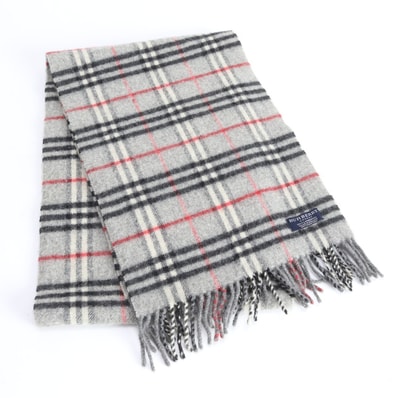 バーバリー ノバ チェックフリンジ グレーマフラー