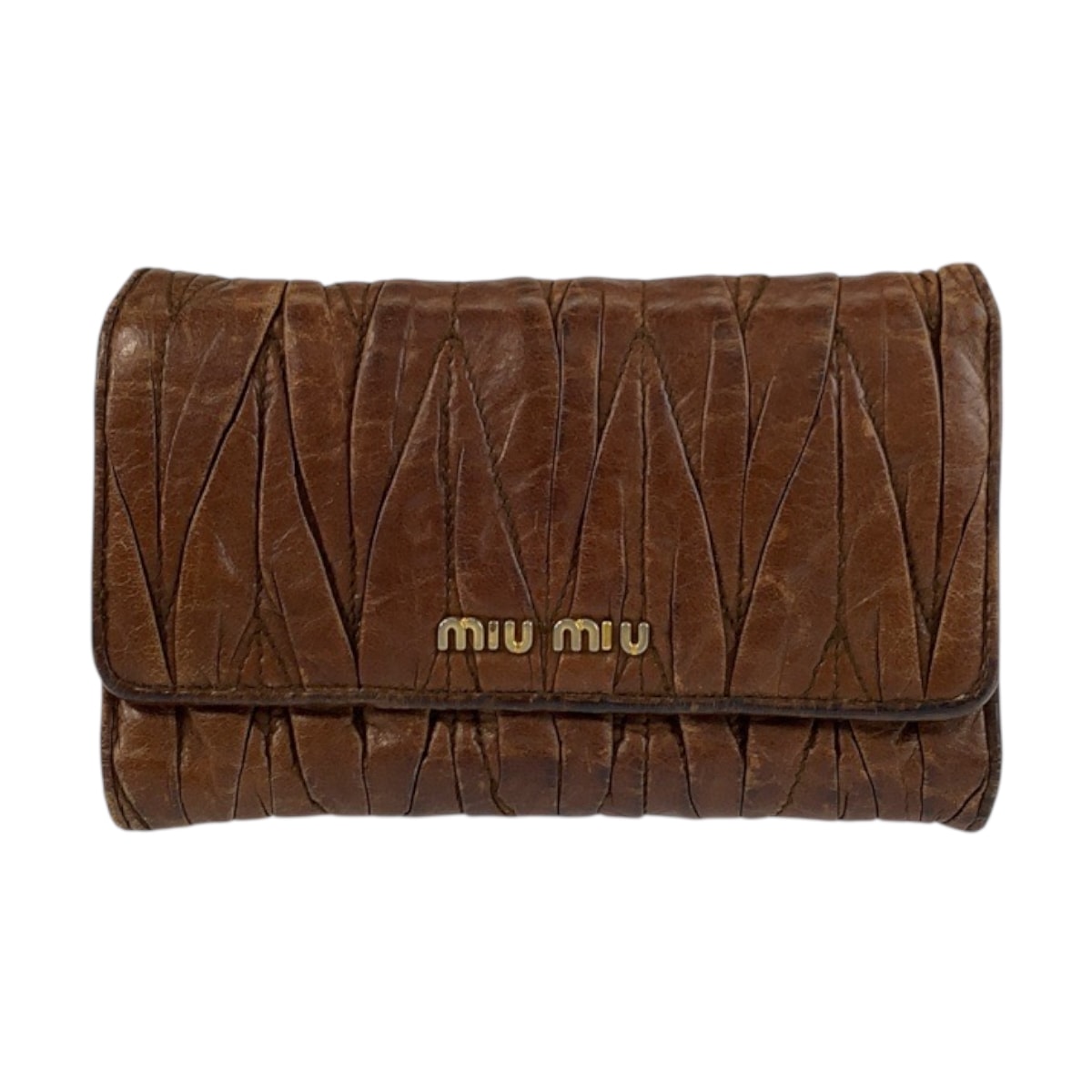 MIUMIU ミュウミュウ マテラッセ ブラウン ゴールド金具 レザー 折財布 コンパクトウォレット 600216 【中古】