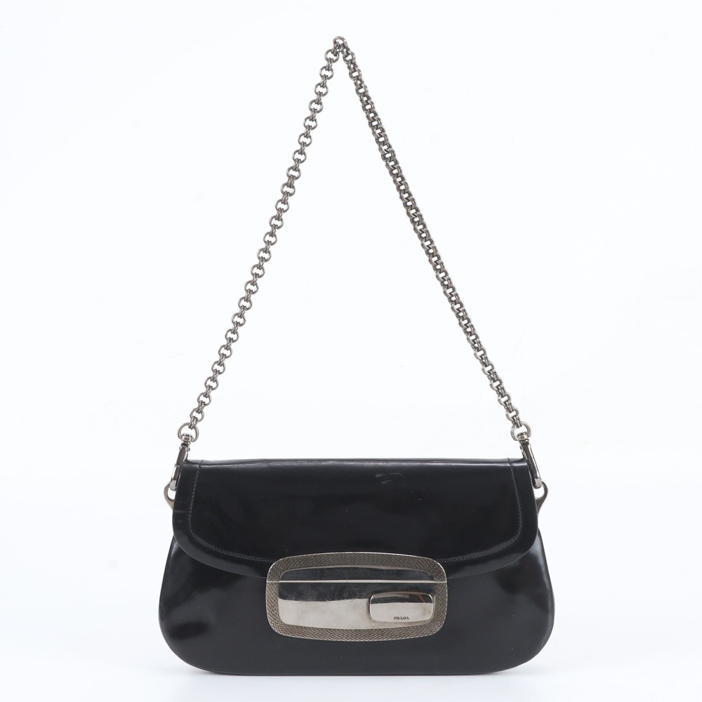 ■美品 プラダ メタルプレート チェーンショルダーバッグ レザー