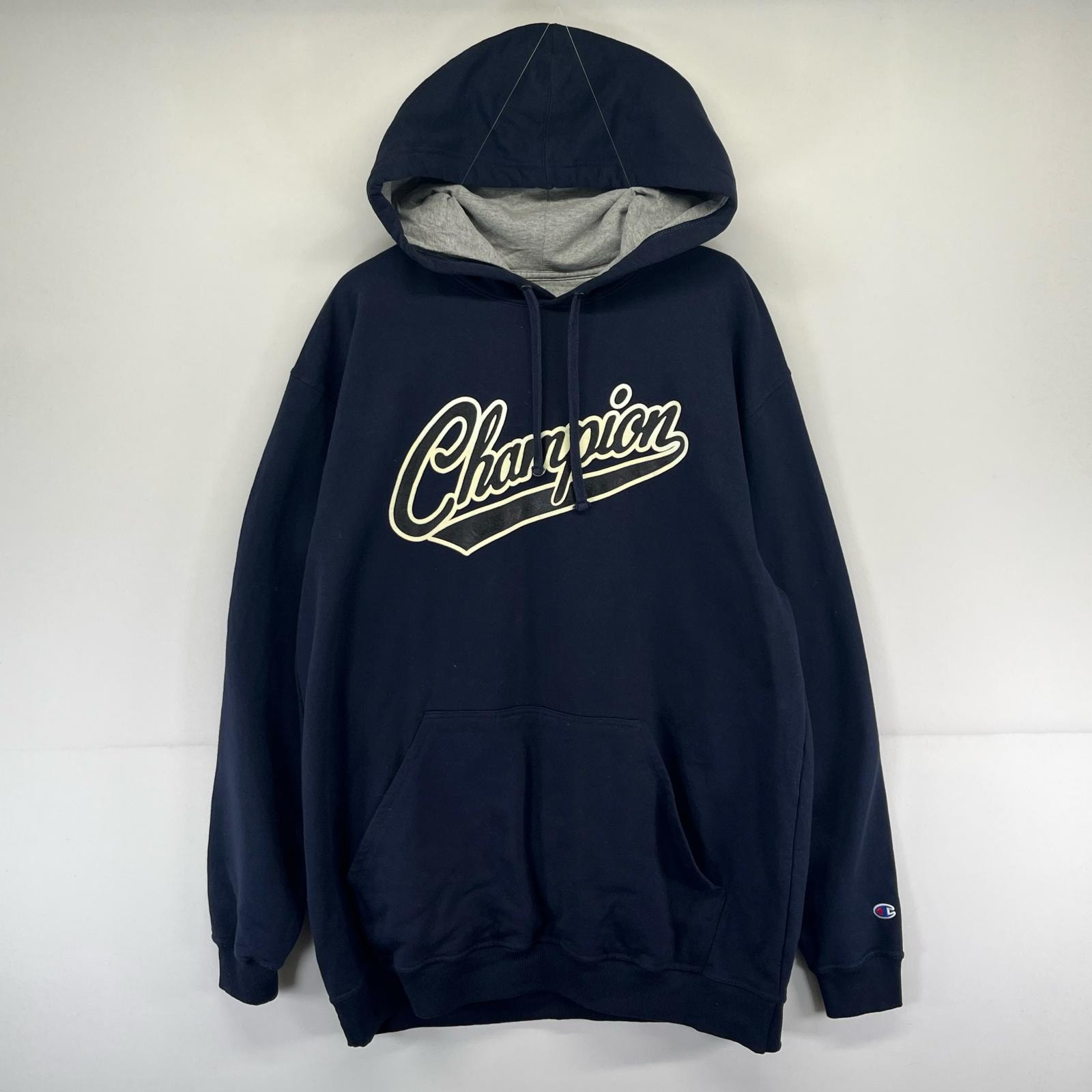 古着 チャンピオン Champion パーカー プルオーバー 大きいサイズ ロゴ スウェット プリント 2XL  ネイビー系 メンズ