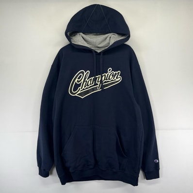 古着 チャンピオン Champion パーカー プルオーバー 大きいサイズ ロゴ スウェット プリント 2XL ネイビー系 メンズ