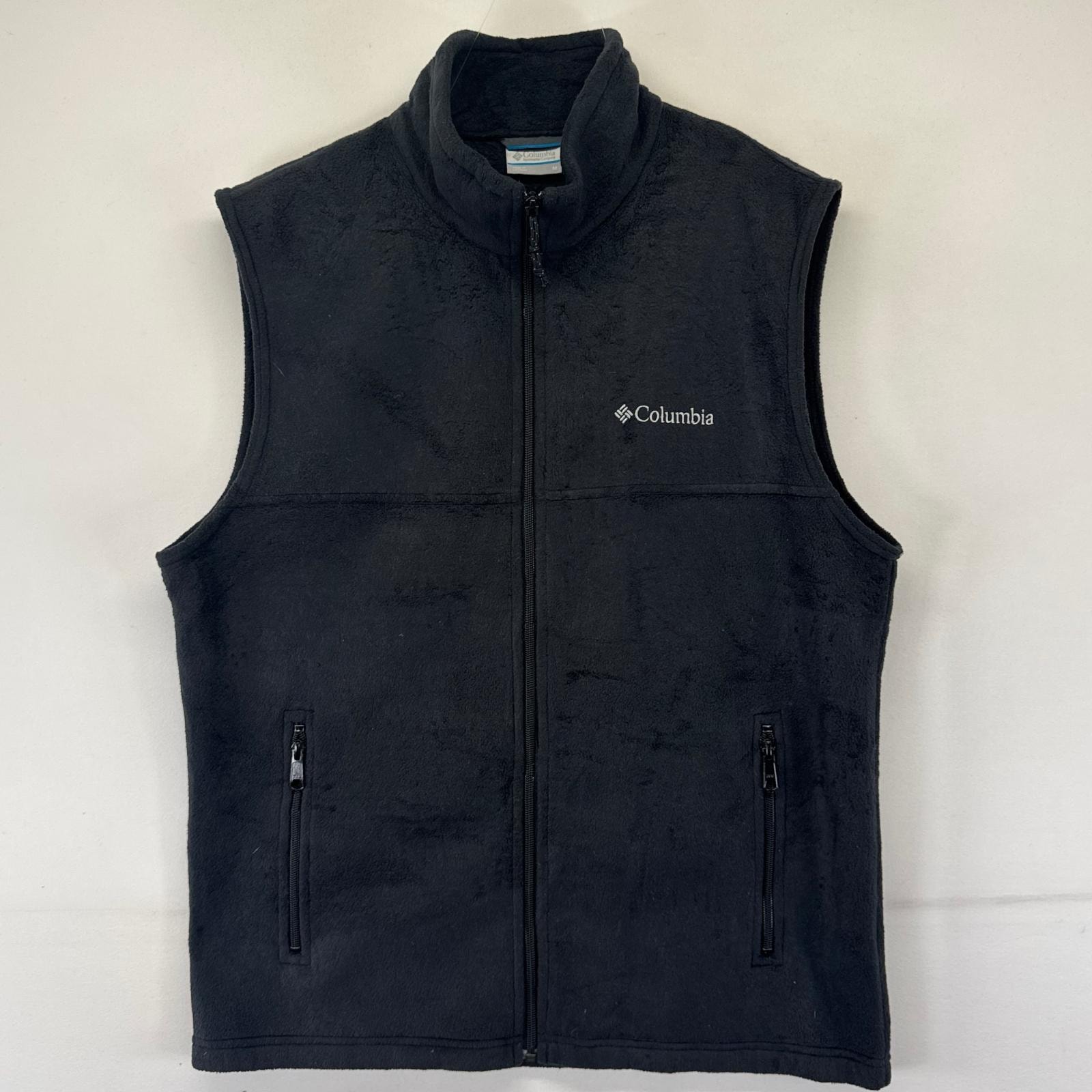 古着 コロンビア Columbia フリース ベスト フルジップ ワンポイントロゴ刺繍 アウトドア M ブラック系 メンズ
