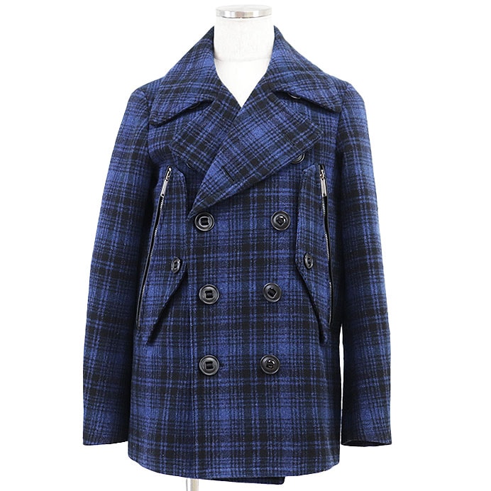 SALE【美品】DSQUARED2 ディースクエアード Pコート ピーコート メンズ サイズ 48 チェックパターン ウール100% メルトン カウレザー エルボーパッチ アウター ブルー ブラック 黒 青 イタリア製