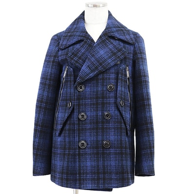 SALE【美品】DSQUARED2 ディースクエアード Pコート ピーコート メンズ サイズ 48 チェックパターン ウール100% メルトン カウレザー エルボーパッチ アウター ブルー ブラック 黒 青 イタリア製