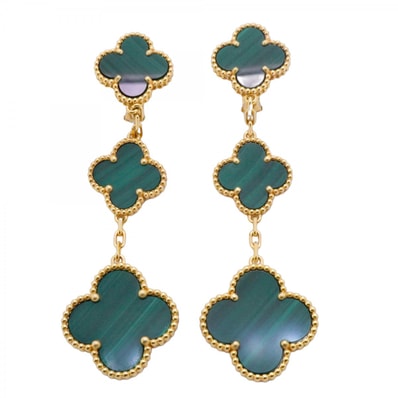 【6jdb0466】ヴァンクリーフ&アーペル ピアス マジック アルハンブラ 3モチーフ K18YG イエローゴールド マラカイト グリーン【中古】レディース