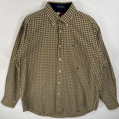 古着 90's/90年代 トミーヒルフィガー TOMMY HILFIGER 長袖シャツ ボタンダウンシャツ ワンポイント ロゴ 刺繍 胸ポケ M イエロー系 チェック メンズ