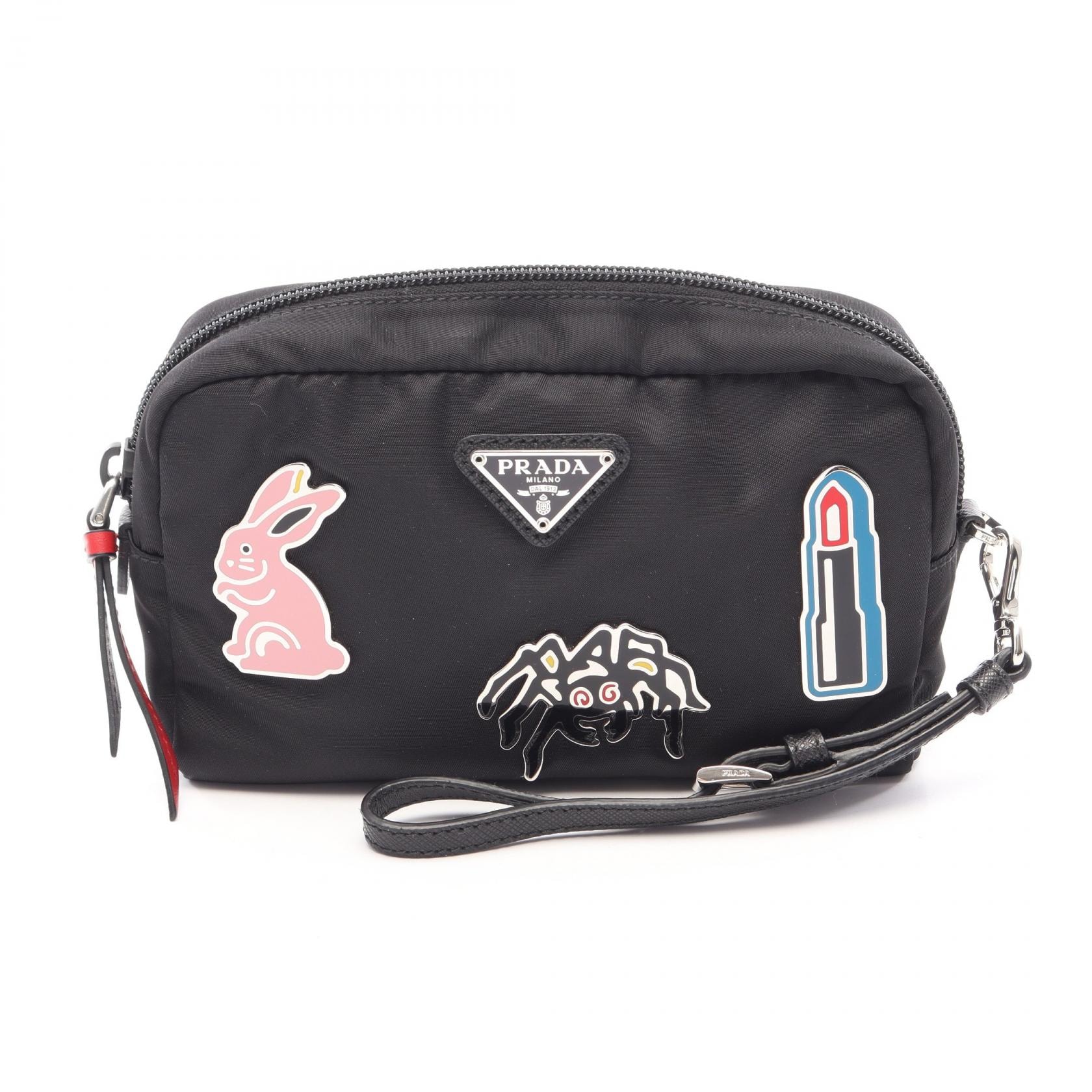 プラダ PRADA TESSUTOT SMALTO ポーチ バッグ ナイロン サフィアーノレザー メタル レディース ブラック系 / マルチカラー 1NE021 【中古】