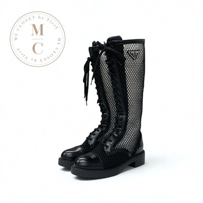 プラダ PRADA ブーツ ロングブーツ 靴 シューズ メッシュ レザー ブラック 黒 トライアングルロゴ レースアップ